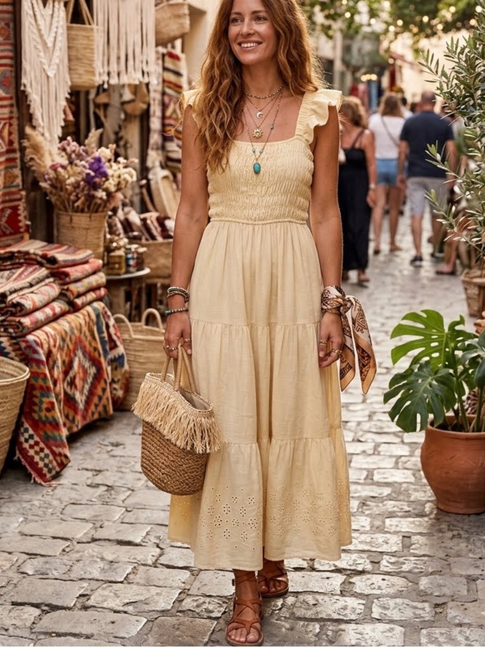 Smocked Ruffle Strap Maxi Dress in Pale Yellow Size Large